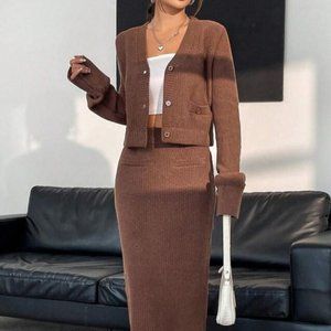 Solid Button Front Cardigan & Knit Skirt